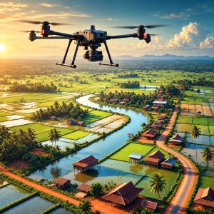 Golden Hour Drone Over Cambodian Rice Fields